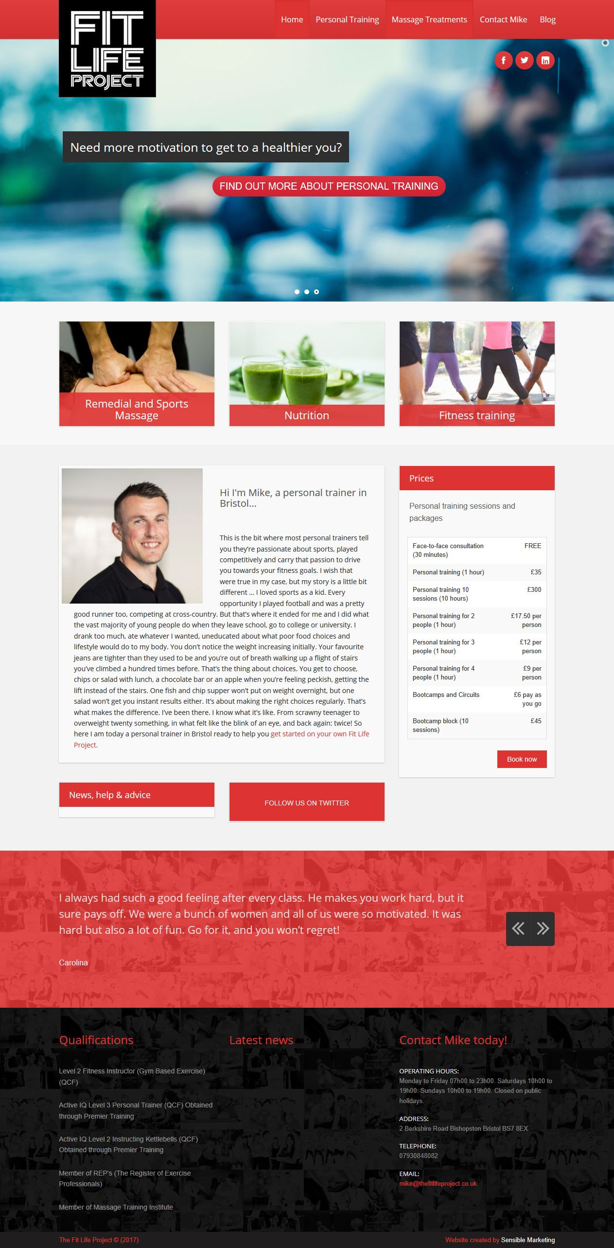 Screen shot of personal trainer website The Fit Life Project